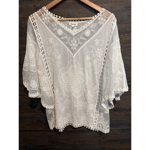 Kindred Tops - Kindred Womens White Embroidered Mesh Crochet Lace Boho Blouse Top Small
